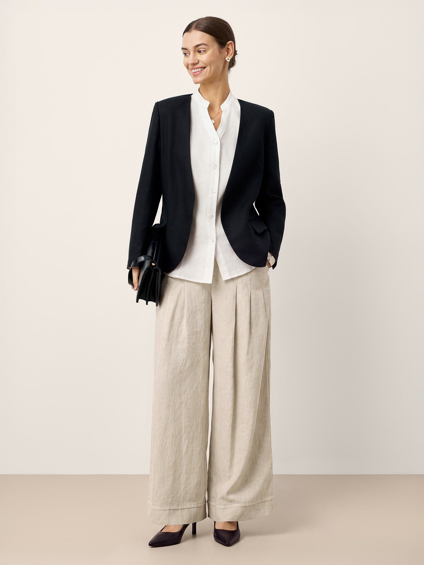 Linen-Lyocell Mandarin Collar Fitted Seam Shirt THORA