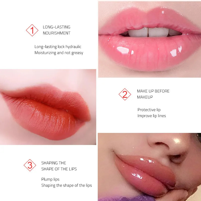 Lip care product advertisement with close-up images of lips and text on long-lasting nourishment, makeup before makeup, and shaping the shape of the lips.