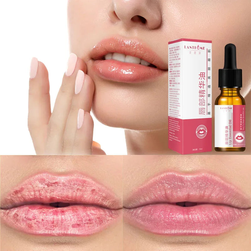 Lip care product with bottle, box, and close-up of lips with product application.