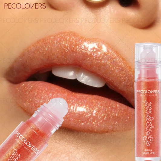 Lip gloss being applied to lips with 'PECOLOVERS' branding. PECOLOVERS Hydrating Lip Gloss, Long-lasting Water Gloss Shine Lip Glaze, Moisturizing Shimmer, Vibrant Colors, for All Skin Types Grapefruit lip gloss shimmer glitter lip glaze by PEACOLOVERS