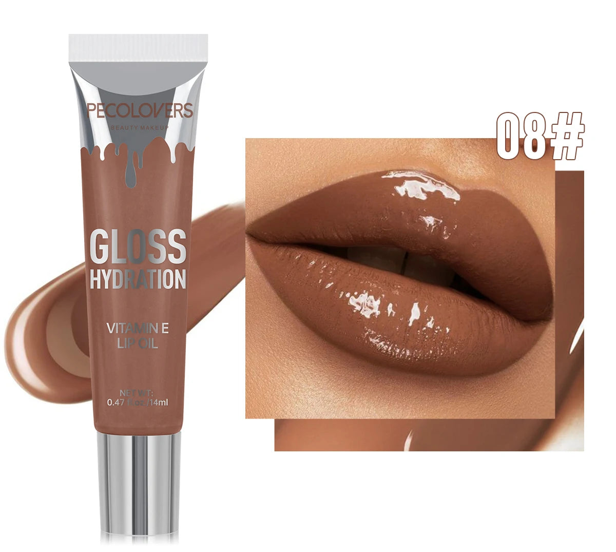 Lip gloss tube with a close-up of lips wearing the product, branded 'PECOLOVERS'.