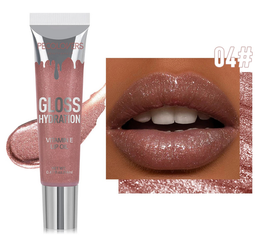 Lip gloss tube with a close-up of lips wearing the product, branded 'PECOLOVERS'. Gloss Hydration Vitamin E Lip Oil