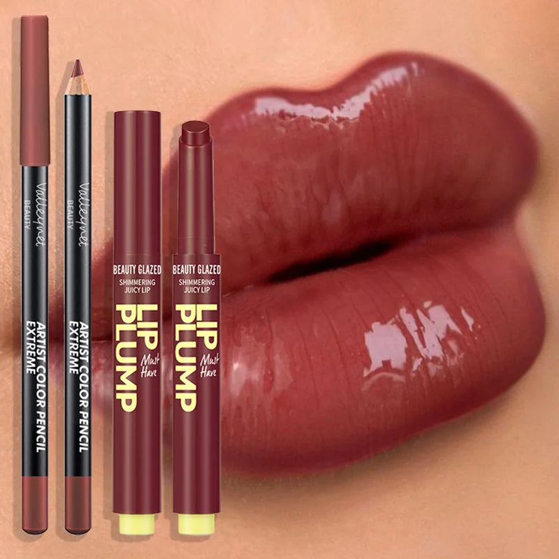 Lip makeup products including lip pencils and lip plumpers with a close-up of lips.