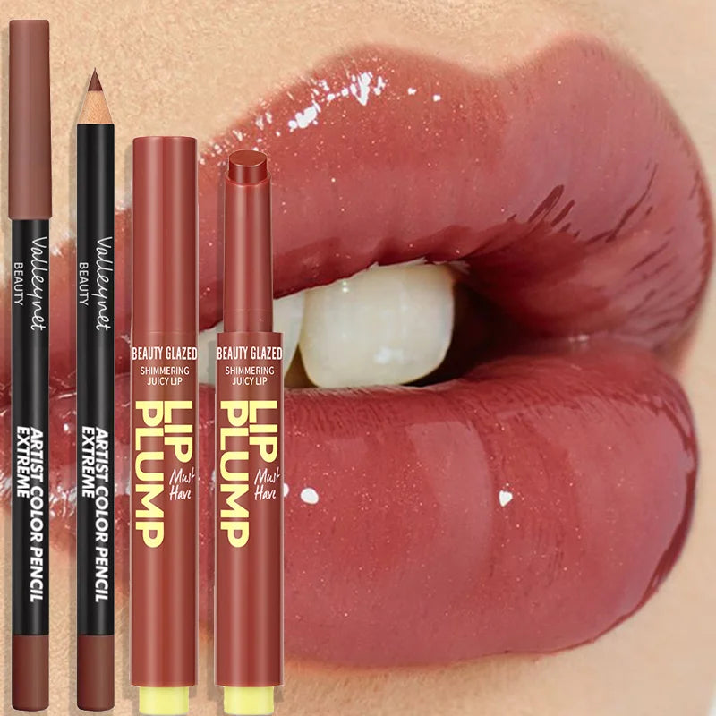 Lip makeup products including lip plumpers and a color pencil with a close-up of lips in the background.