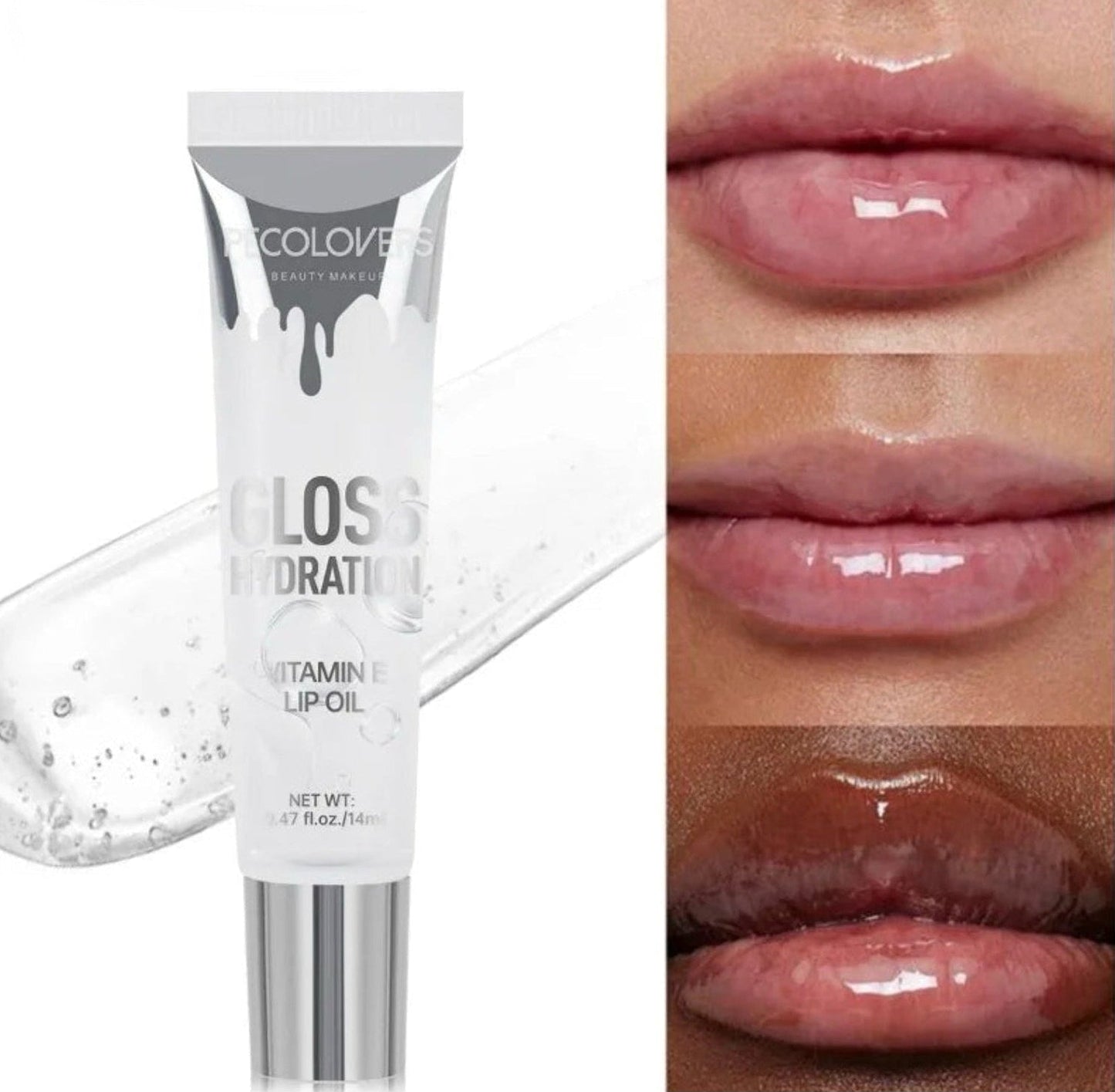 Lip oil tube labeled 'Gloss Hydration' with close-up images of lips wearing the product.