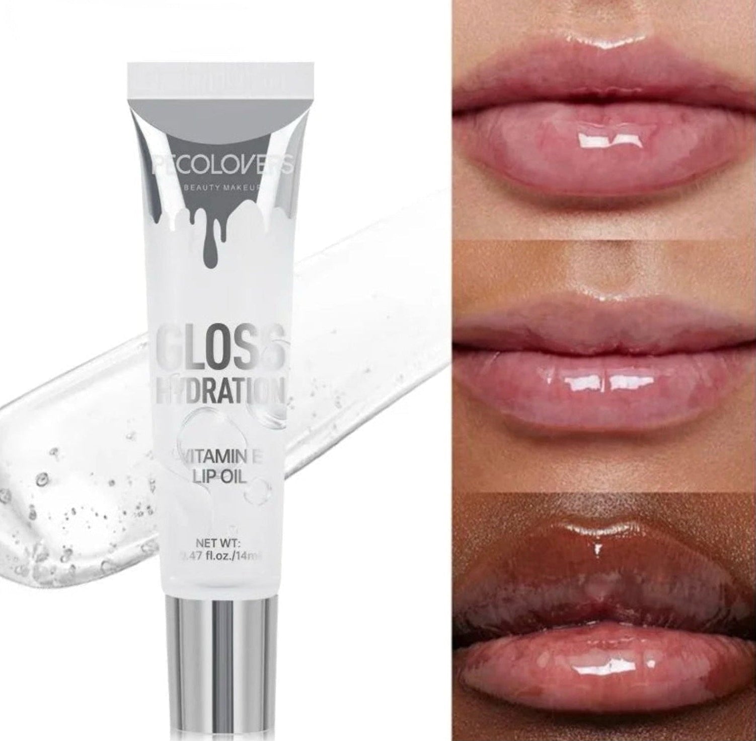 Lip oil tube labeled 'Gloss Hydration' with close-up images of lips wearing the product.