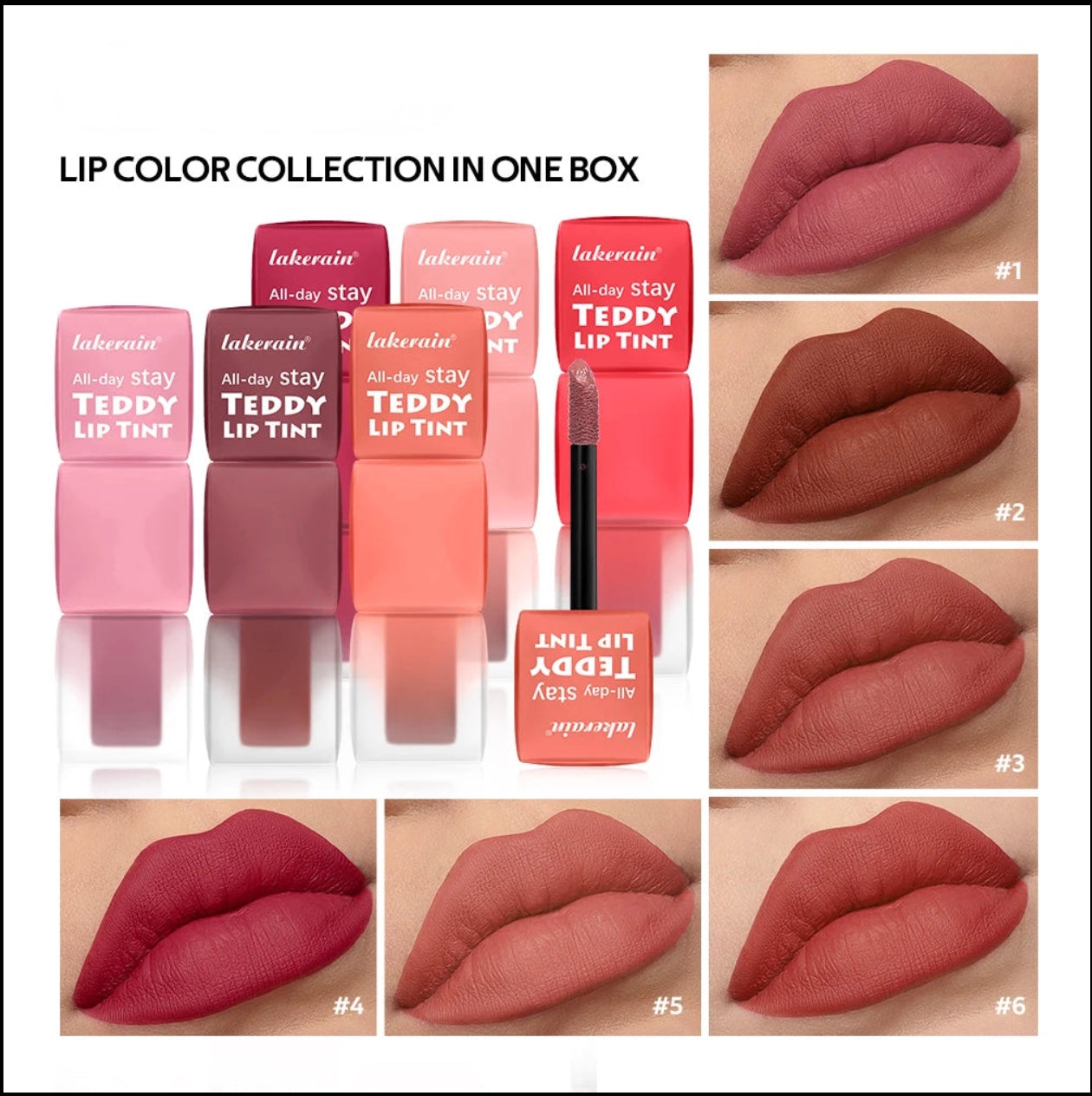 Lip tint collection with packaging and color swatches on a white background
