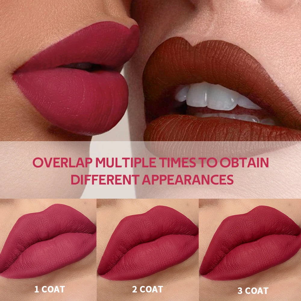 Lipstick swatches on lips with text indicating coat count