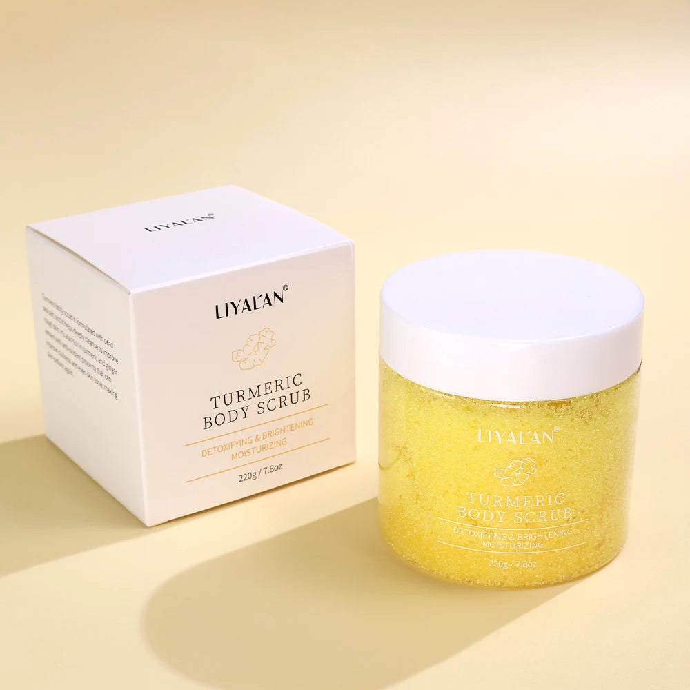 Liyatan Turmeric Body Scrub jar and box on a beige background