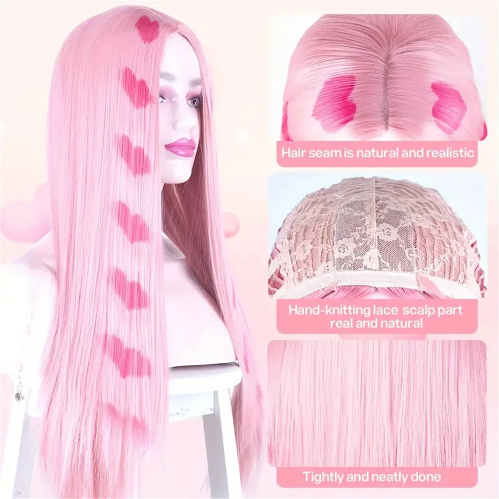 Pink wig with close-up details on a white background Long Pink Vibrant Pink Straight Love Wig, 26 Inch, Heat Resistant Synthetic Middle Part Wig, Halloween Christmas Festival