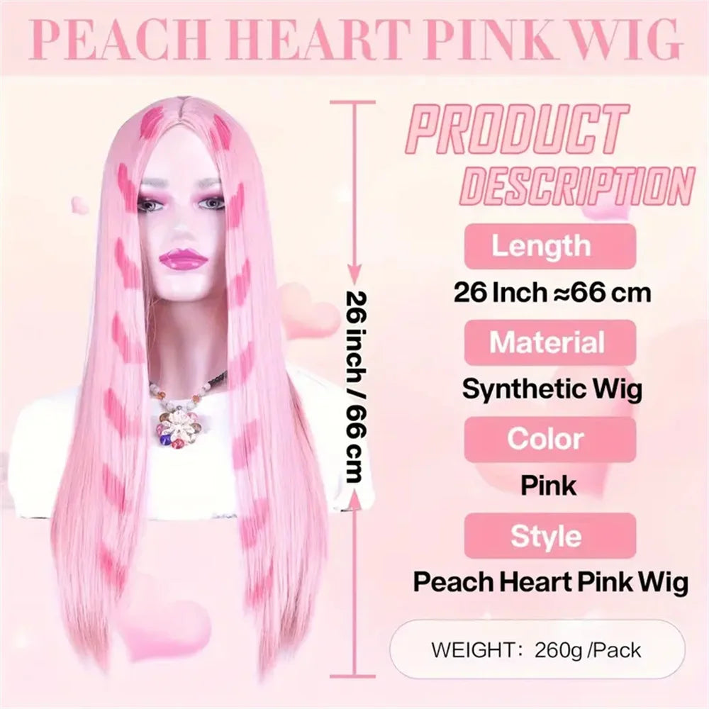 Peach heart pink wig with product description on a pink background