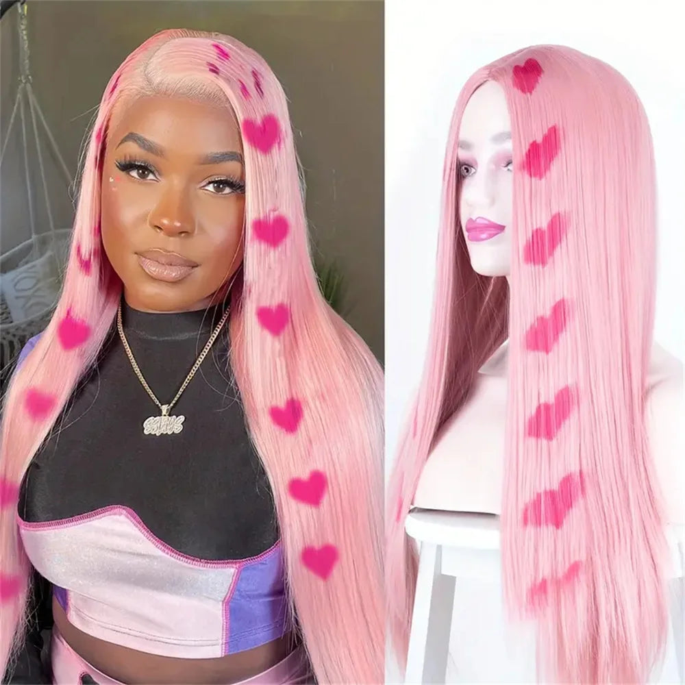 Person with pink wig and mannequin head with pink wig side by side. Long Pink Vibrant Pink Straight Love Wig, 26 Inch, Heat Resistant Synthetic Middle Part Wig, Halloween Christmas Festival