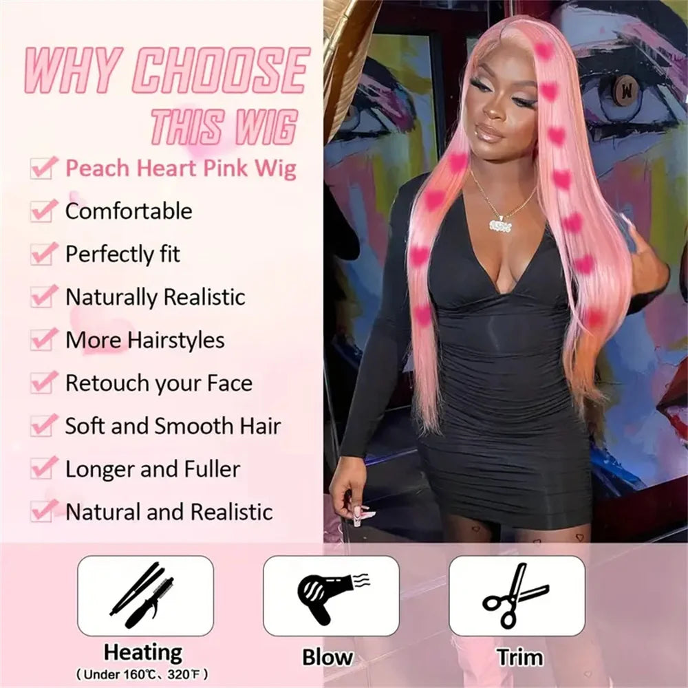 Woman wearing a peach heart pink wig with promotional text on a pink background Long Pink Vibrant Pink Straight Love Wig, 26 Inch, Heat Resistant Synthetic Middle Part Wig, Halloween Christmas Festivalx