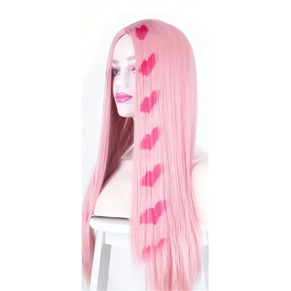 Pink wig with heart patterns on a white background Long Pink Vibrant Pink Straight Love Wig, 26 Inch, Heat Resistant Synthetic Middle Part Wig, Halloween Christmas Festival