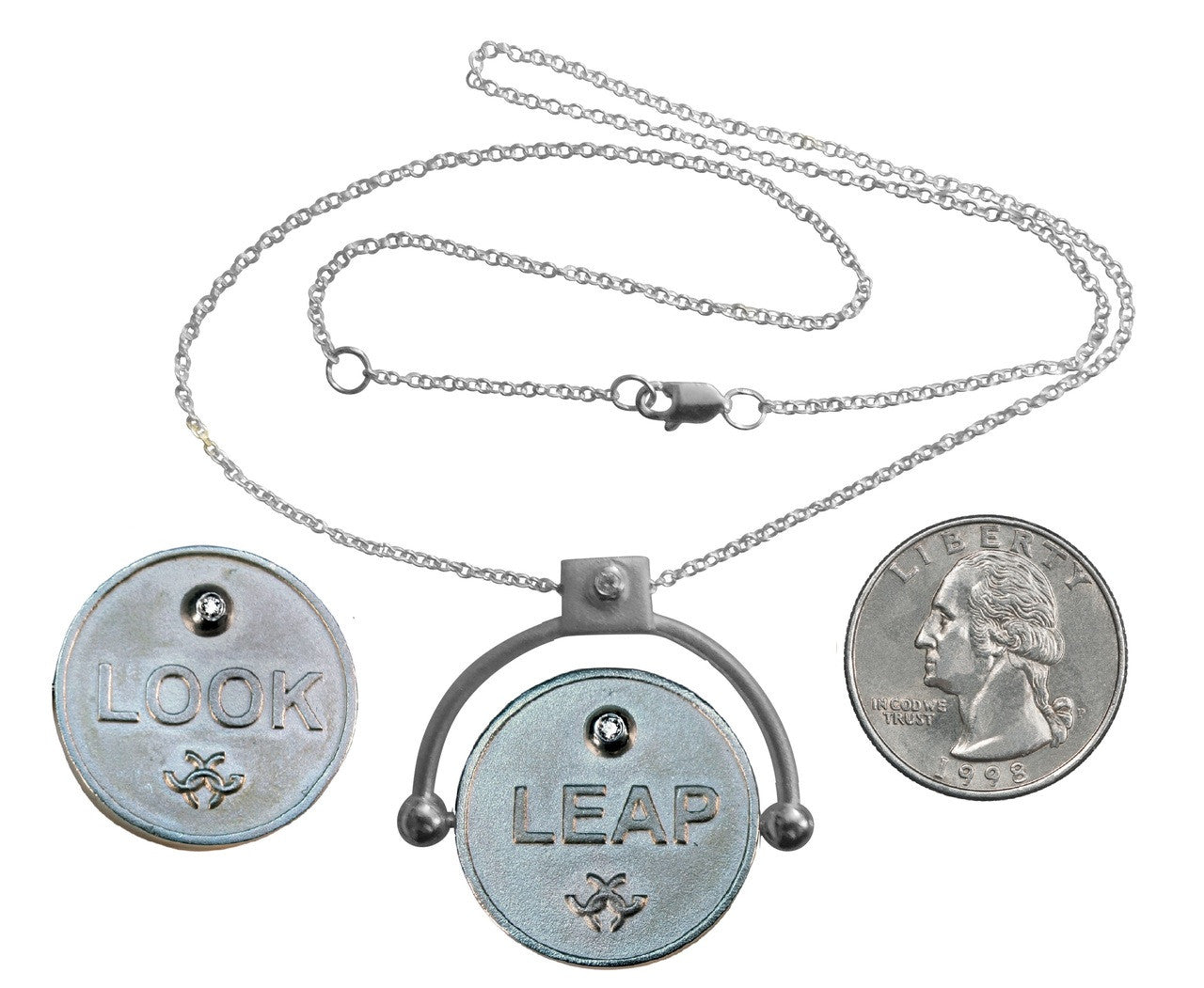Decision Coin Necklace: "Look / Leap" Sterling Silver with Diamonds-1