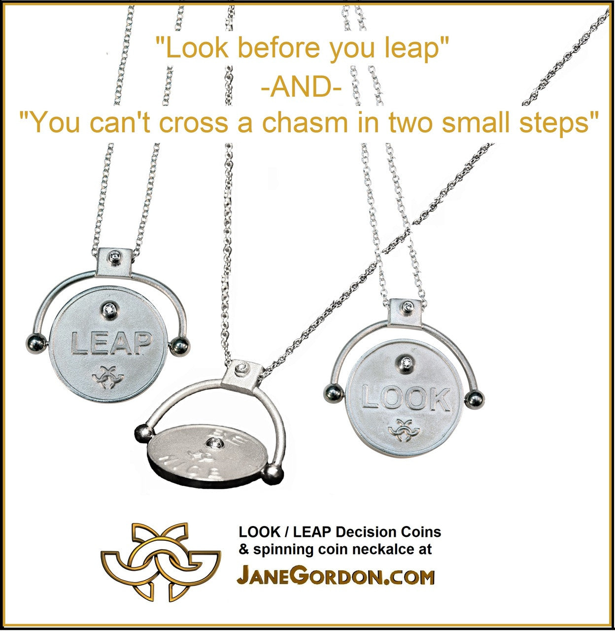 Decision Coin Necklace: "Look / Leap" Sterling Silver with Diamonds-2