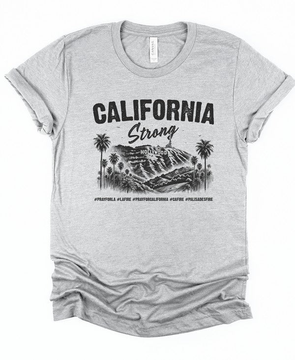 California Strong Hollywood graphic on a heather gray unisex short-sleeve crew neck T-shirt featuring palm trees and the Hollywood sign. Softstyle ring-spun cotton casual Los Angeles city pride apparel.