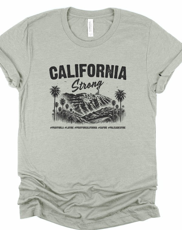 Los Angeles LA Strong Hollywood Softstyle unisex T-shirt in light beige featuring a vintage California Strong graphic with the Hollywood Hills, palm trees, and crew neck short-sleeve design.