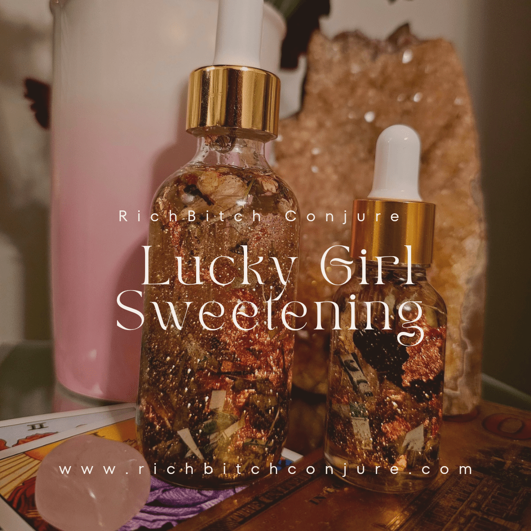 Two bottles labeled 'Lucky Girl Sweetening' with a blurred background. Lucky Girl Sweetening Hoodoo Conjure Oil | Good Luck Oil | Favor and Opportunity Oil | Prosperity Ritual Oil | Rootwork Spiritual Supply