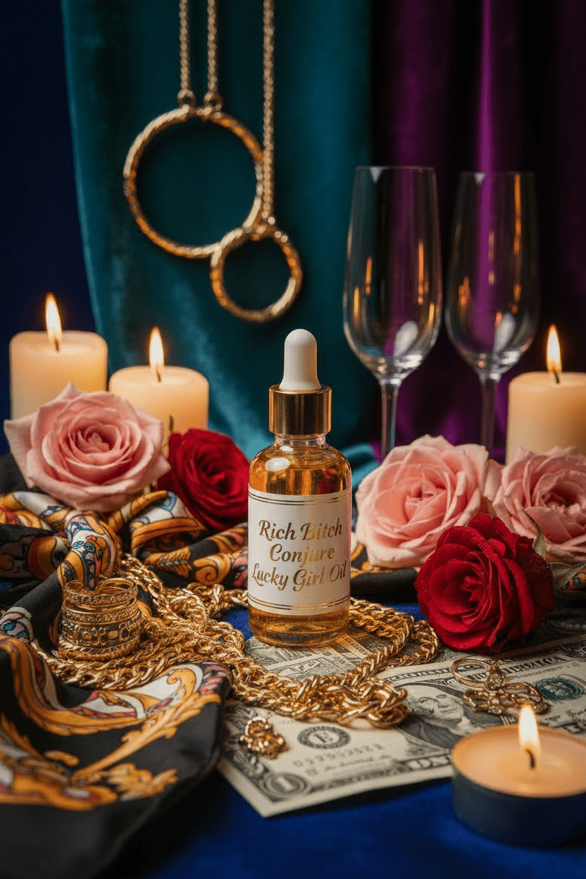 Vibrant still life with bottles, candles, and flowers on a dark background. Lucky Rich Girl Hoodoo Conjure Oil | Wealth, Beauty, Glamour & Good Fortune Conjure Oil | Limited Edition