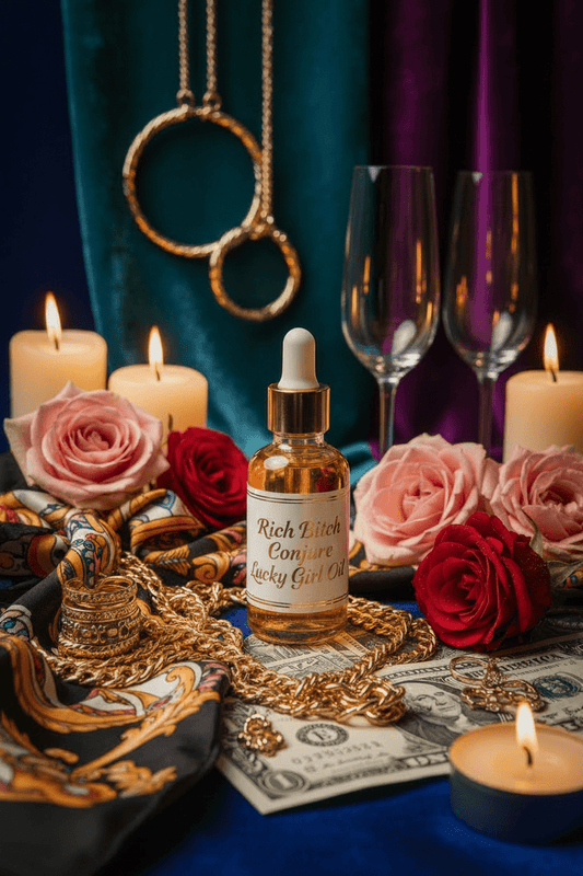 Vibrant still life with bottles, candles, and flowers on a dark background. Lucky Rich Girl Hoodoo Conjure Oil | Wealth, Beauty, Glamour & Good Fortune Conjure Oil | Limited Edition