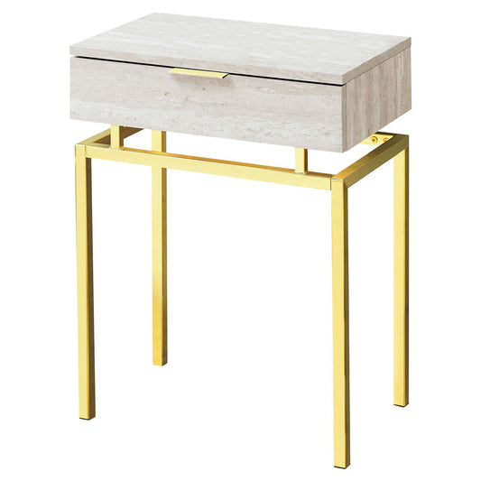24in Modern End Table 1 Drawer Nightstand Beige Marble Gold Legs-0