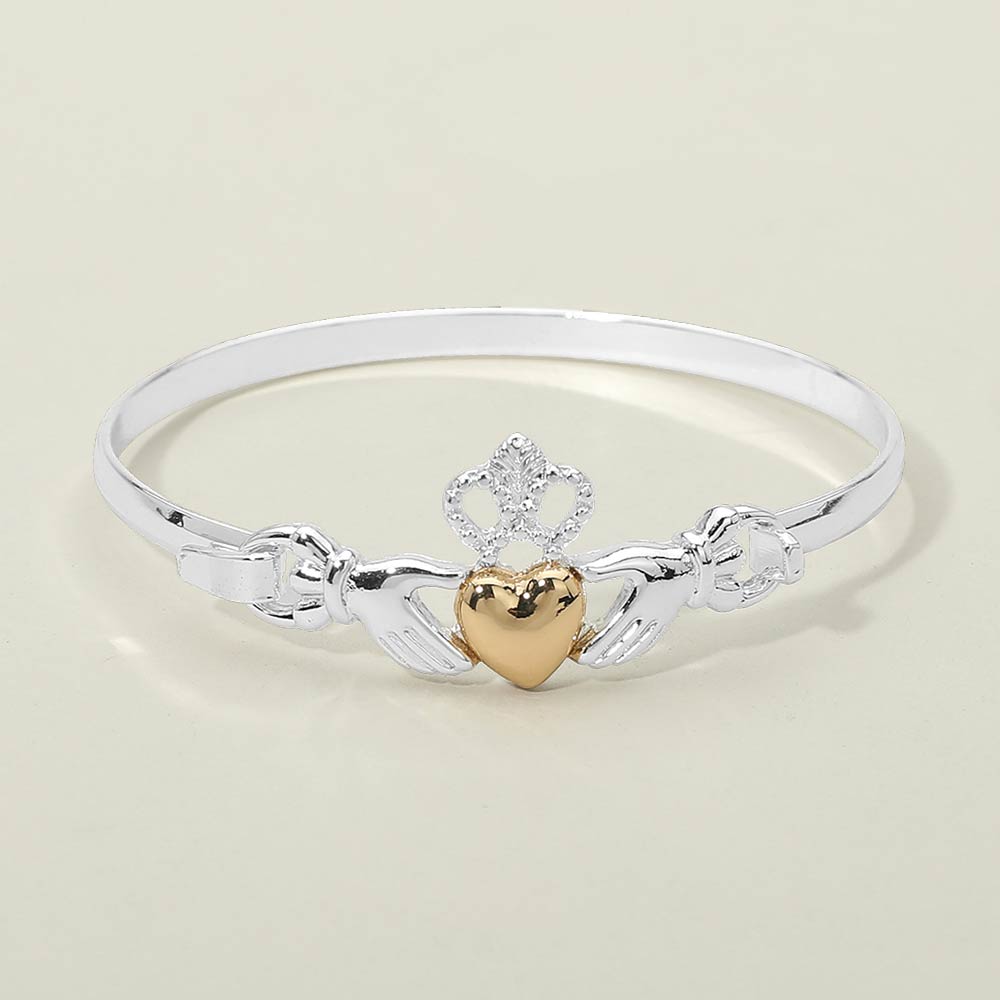 Two Tone Irish Claddagh Heart Crown Bangle Bracelet