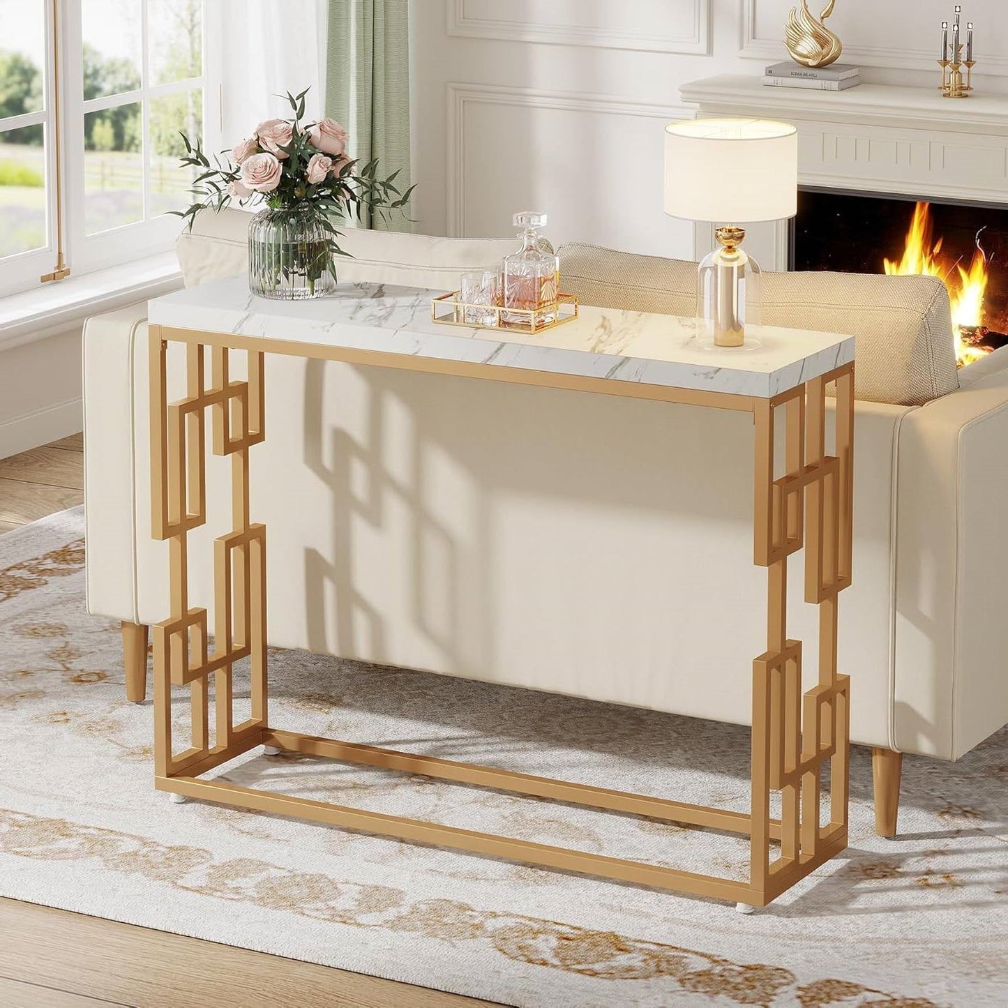 42-inch Modern Console Sofa Table with White Faux Marble Top and Gold Frame-0