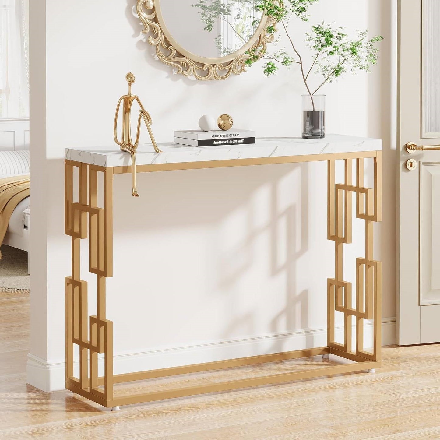 42-inch Modern Console Sofa Table with White Faux Marble Top and Gold Frame-3