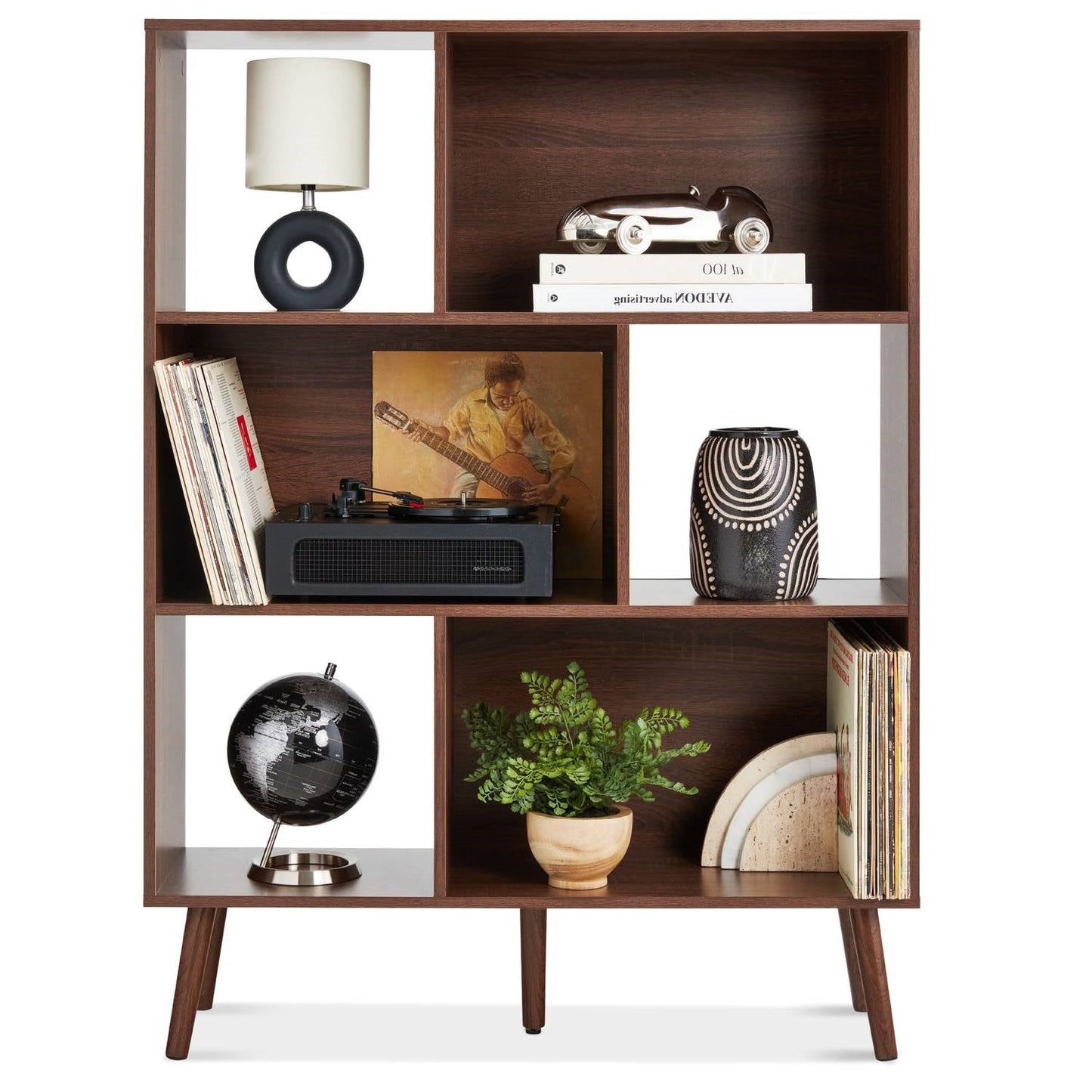 Mid Century Style Bookcase Storage Shelving Unit in Walnut Wood Finish-0