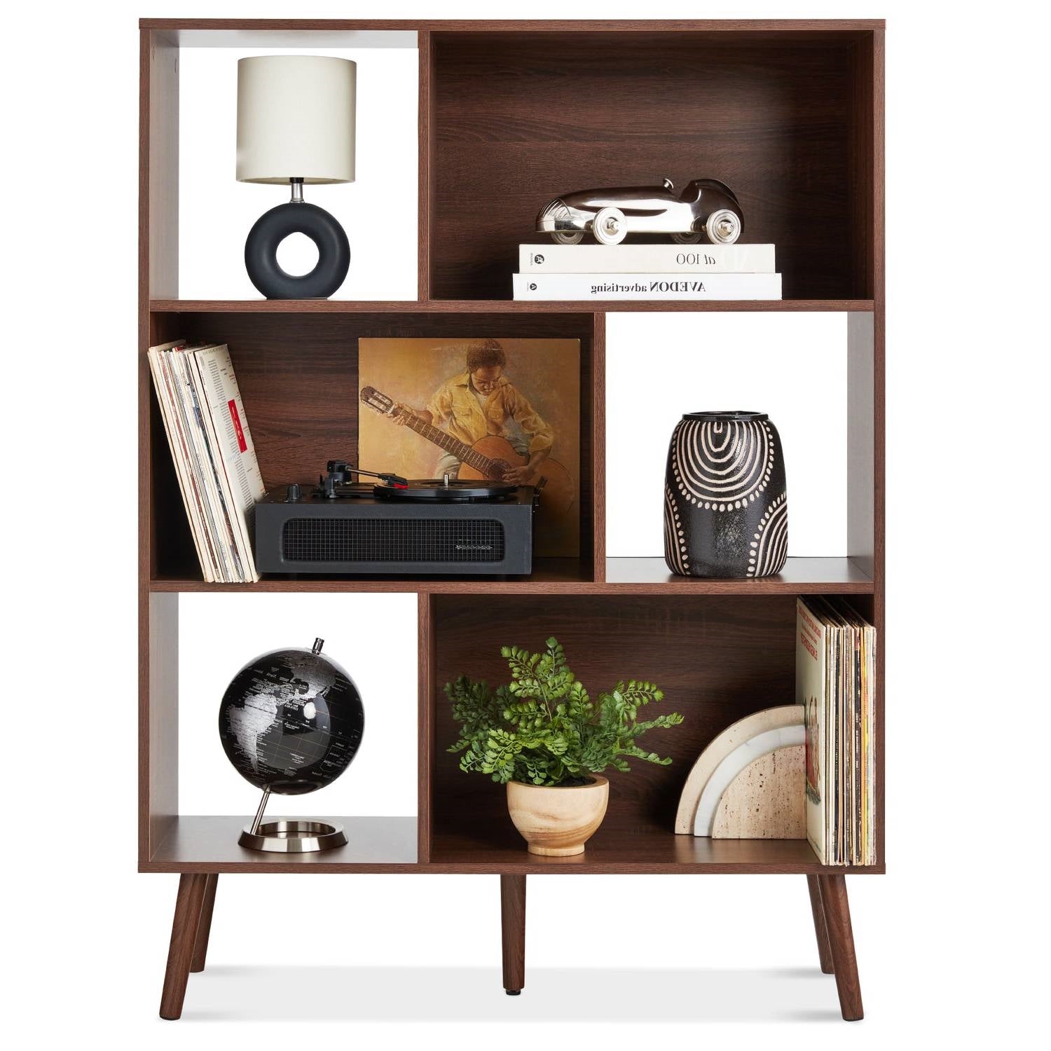 Mid Century Style Bookcase Storage Shelving Unit in Walnut Wood Finish-0