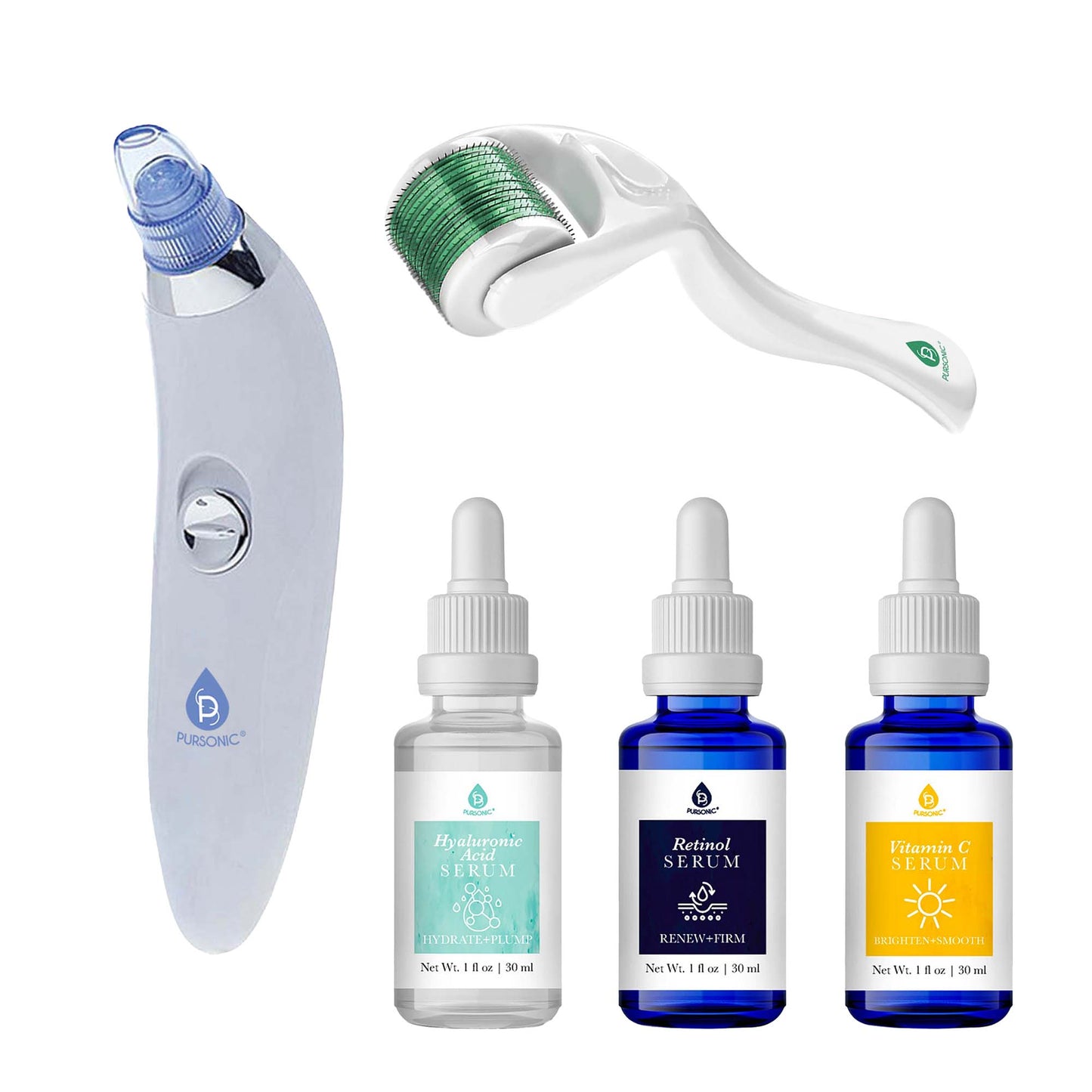 Pursonic Ultimate Rejuvenation Bundle: Micro Needle Derma Roller, Pore Vacuum Blackhead Remover & 3-Pack Anti-Aging Serum Set-0