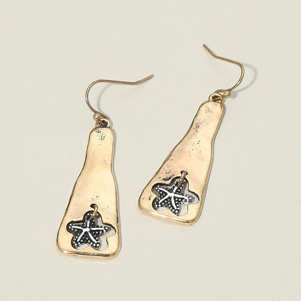 Textured Metal Starfish Charm Drop Plate Earrings