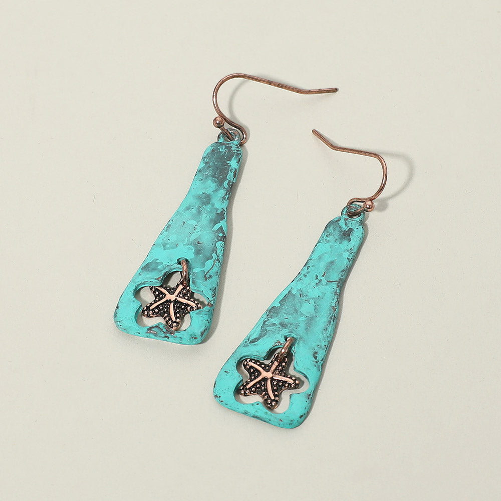 Textured Metal Starfish Charm Drop Plate Earrings