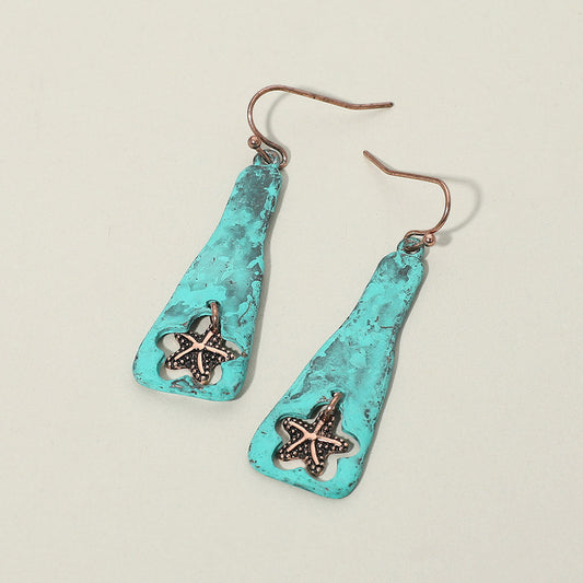 Textured Metal Starfish Charm Drop Plate Earrings