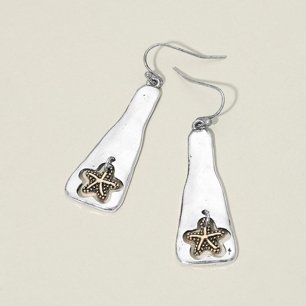 Textured Metal Starfish Charm Drop Plate Earrings