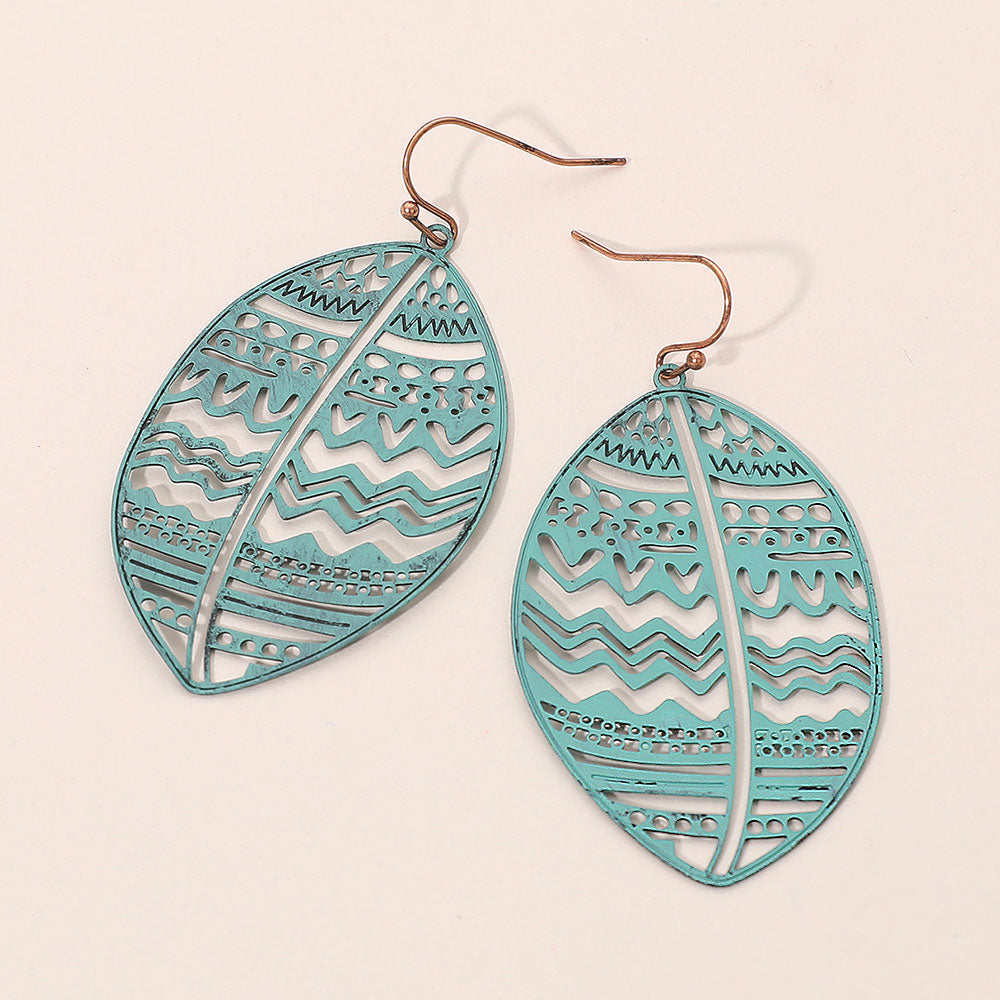 Brass Metal Tribal Pattern Cutout leaf Dangle Earrings