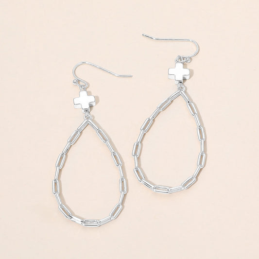 Metal Cross Charm Accent Paperclip Chain Link Open Teardrop Earrings