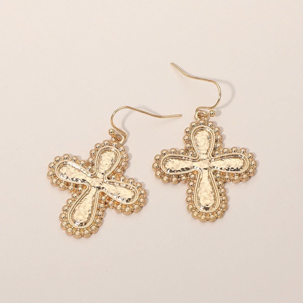 Textured Worn Metal Cross Drop Dangle Earrings