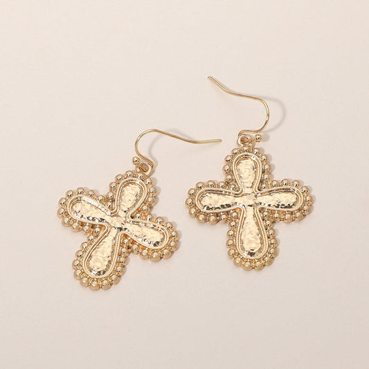 Textured Worn Metal Cross Drop Dangle Earrings