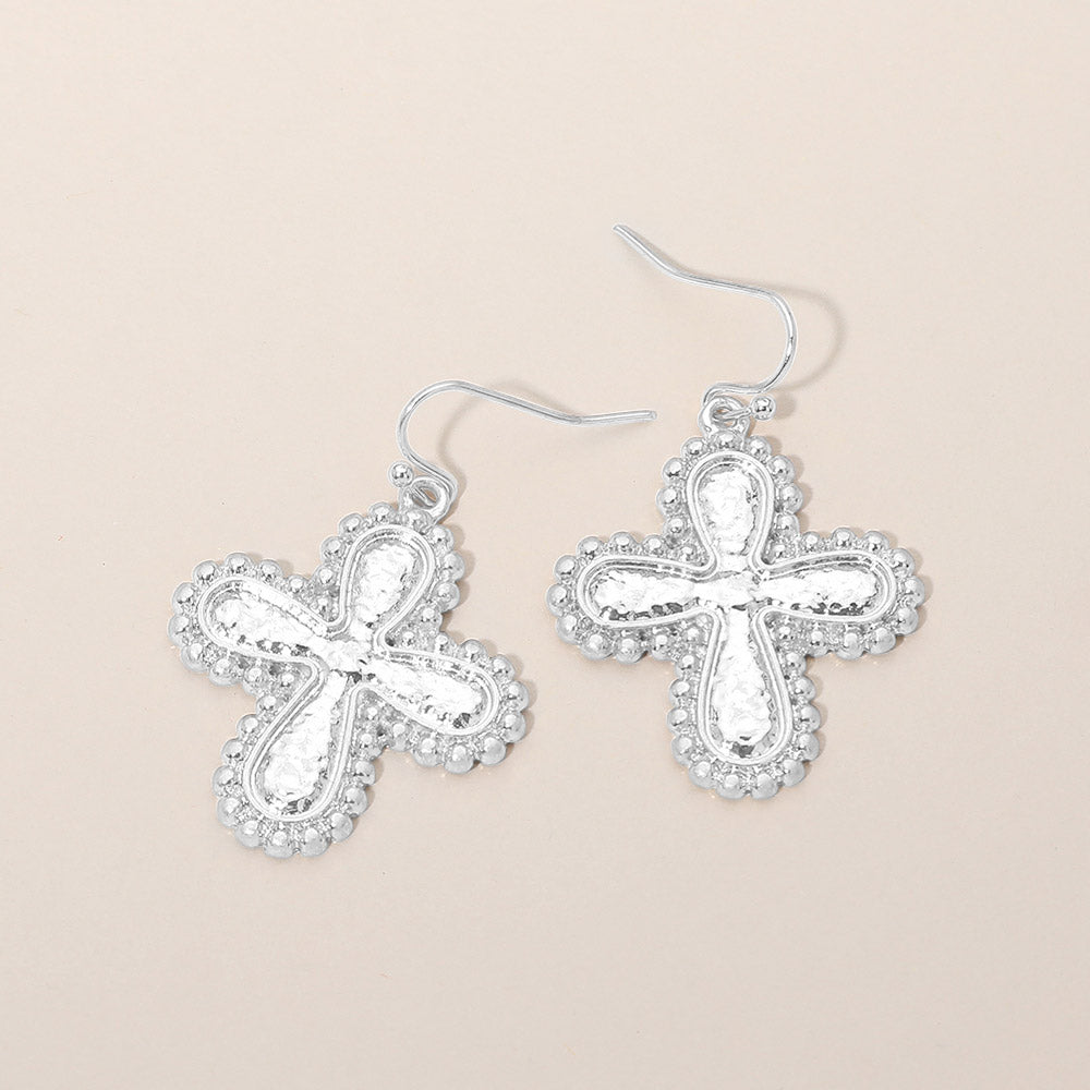Textured Worn Metal Cross Drop Dangle Earrings