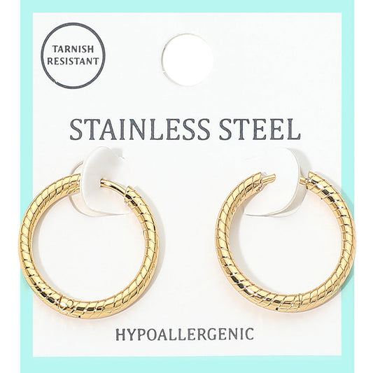 Stainless Steel Textured Huggie Hoop Earrings