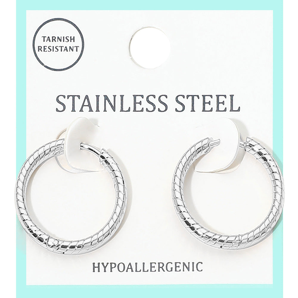Stainless Steel Textured Huggie Hoop Earrings