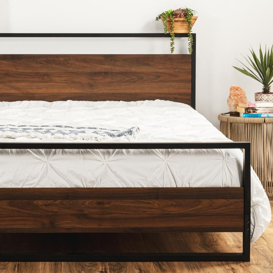 Modern FarmHome Queen Low Profile Metal Wood Platform Bed-3