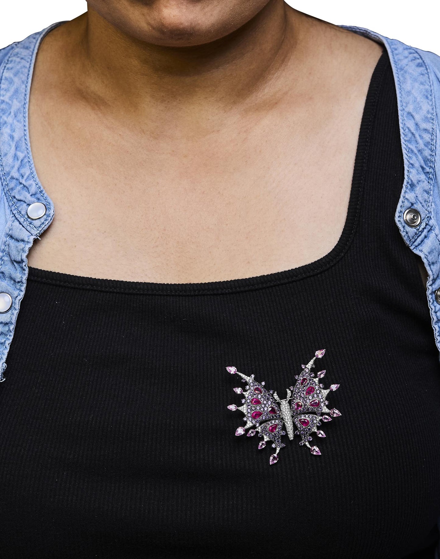 18K White Gold 1.00 Cttw Diamond, Ruby  Sapphire, and Amethyst Mixed Gemstone Butterfly Brooch Pin (G-H Color, VS1-VS2 Clarity)-2