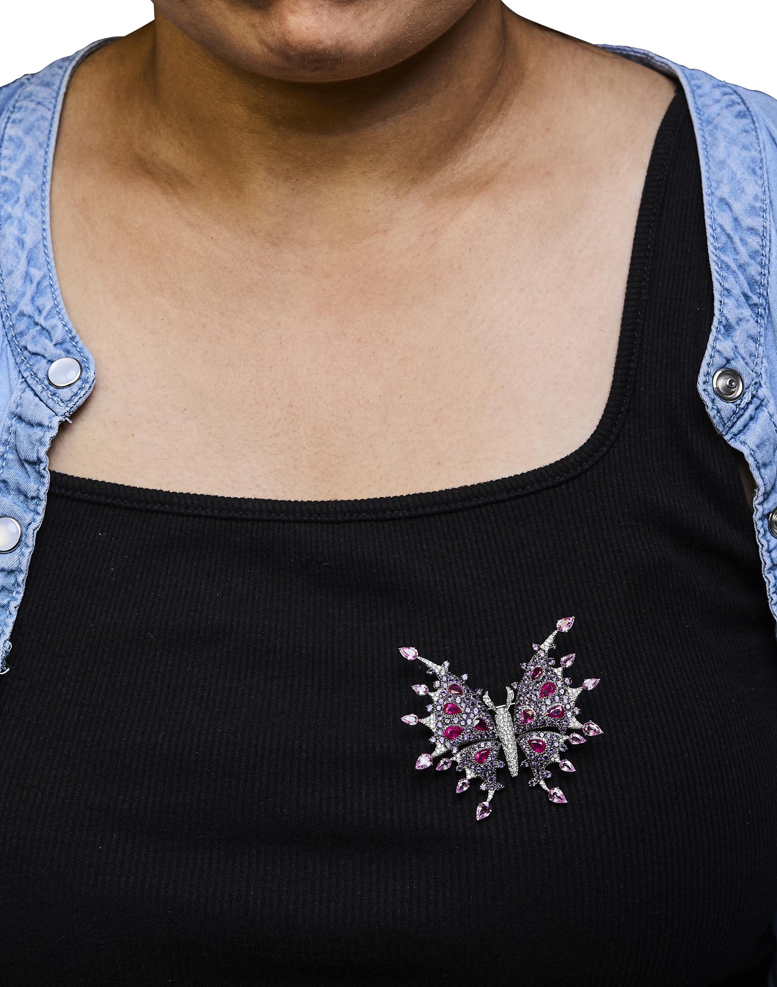 18K White Gold 1.00 Cttw Diamond, Ruby  Sapphire, and Amethyst Mixed Gemstone Butterfly Brooch Pin (G-H Color, VS1-VS2 Clarity)-2