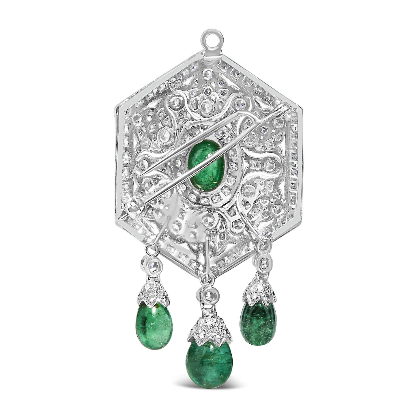 18K 2 3/4 Cttw Diamond and Emerald Dangle Art Deco Shield Brooch Pin Pendant (G-H Color, VS1-VS2 Clarity) CHAIN NOT INCLUDED-4