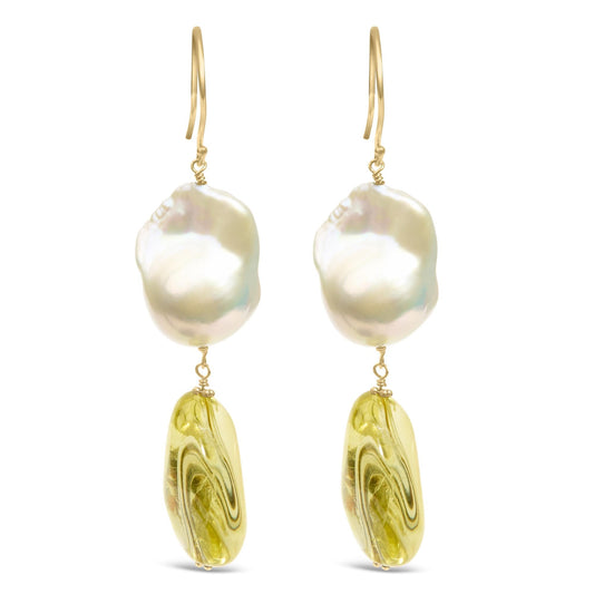 14K Yellow Gold Citrine and Baroque Pearl Drop and Dangle Earrings 1 3/4 Inch Dangle-0