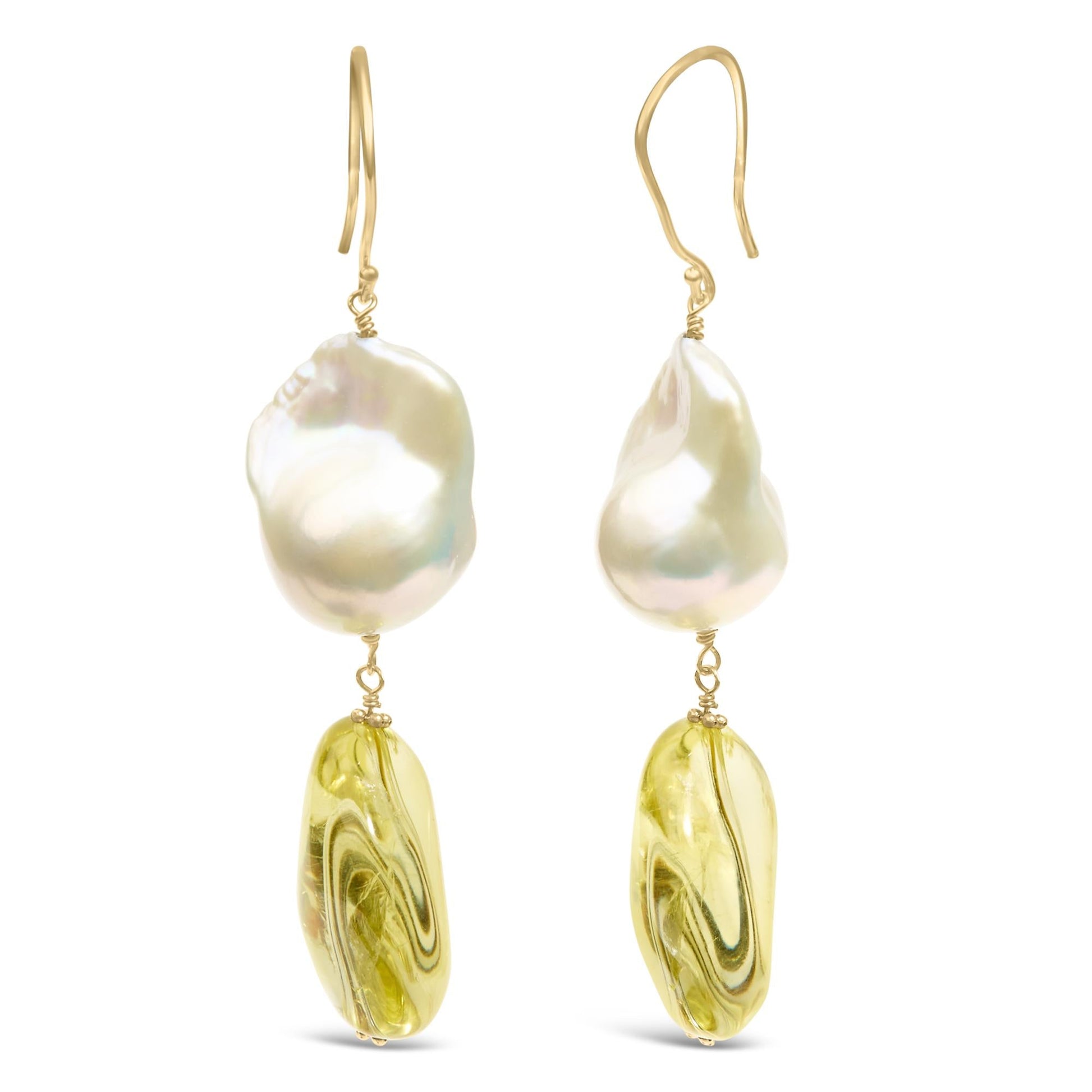 14K Yellow Gold Citrine and Baroque Pearl Drop and Dangle Earrings 1 3/4 Inch Dangle-1