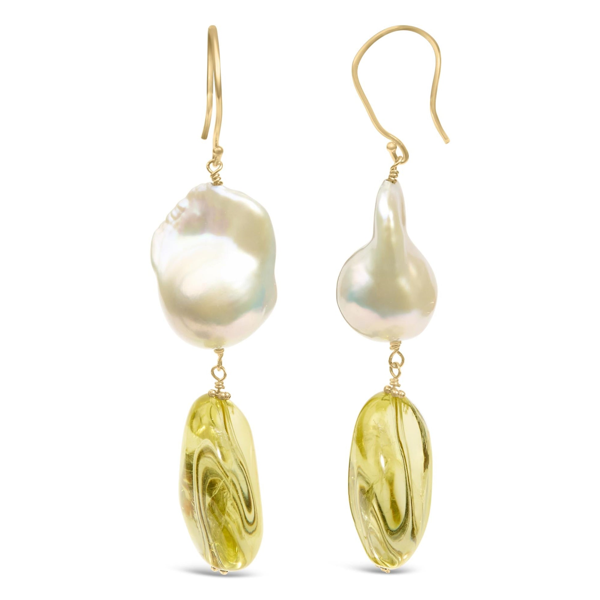 14K Yellow Gold Citrine and Baroque Pearl Drop and Dangle Earrings 1 3/4 Inch Dangle-3